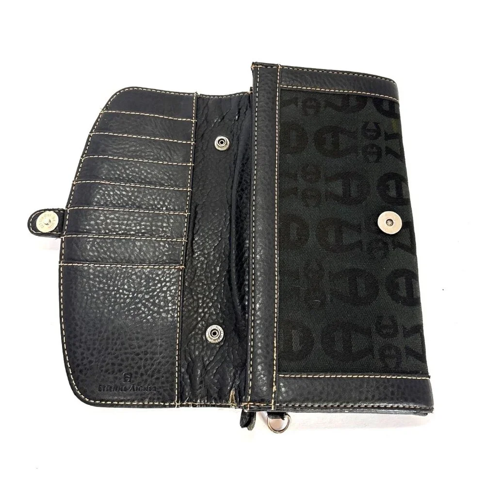 Black Etienne Aigner Monogram Canvas & Leather Wallet‎ Clutch Buckle Closure